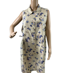 Jenna Lane New York Women's Floral Dress 2X Beige Blue Linen Blend Cottagecore